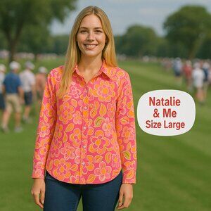 Natalie & Me Weekend Women’s Blouse Size L Pastel Floral Button Long Sleeve